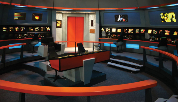 The very colorful bridge of the starship Enterprise in Star Trek: The Original Series.