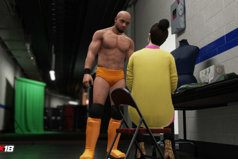 A created WWE Superstar walking around backstage in the new MyCAREER mode
