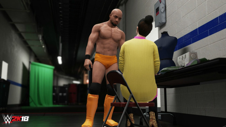 A created WWE Superstar walking around backstage in the new MyCAREER mode