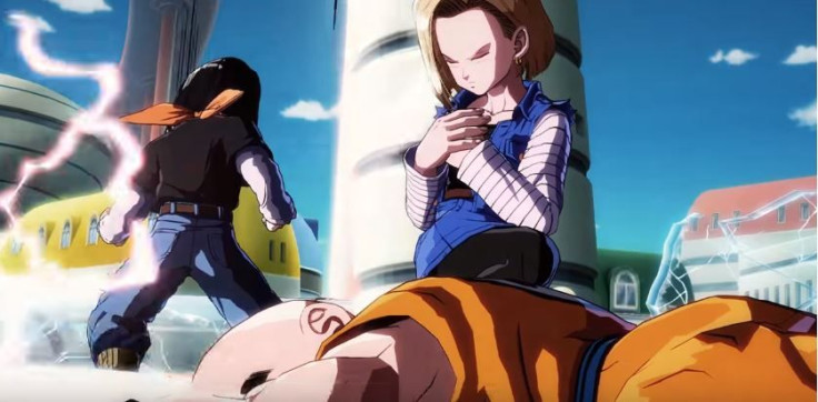 Android 18 kneeling over Krillin. 