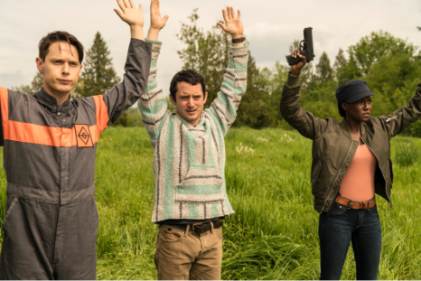 Dirk, Todd and Farah in a sticky situation in Dirk Gently Season 2.