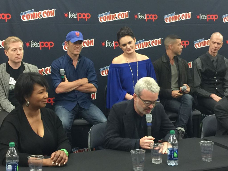 Clockwise from left: Anthony Rapp, Jason Isaacs, Mary Chieffo, Wilson Cruz, Doug Jones, Alex Kurtzman and Dr. Mae Jemison at the Star Trek: Discovery press conference at NYCC 2017. 