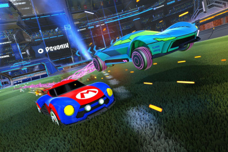 The Mario and Metroid-inspired Rocket League Battle-Cars in action.