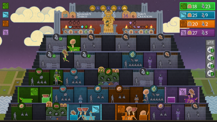 A screenshot of Sumer, showing the players dropping their workers off in different rooms to generate resources.
