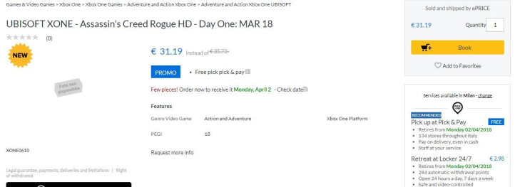The Assassin's Creed Rogue HD listing found on ePrice.it