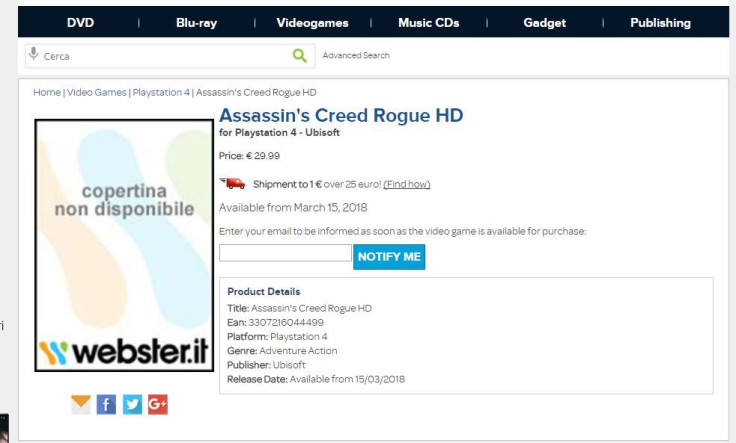 Assassin's Creed Rogue HD will release on March 15, according to webster.it