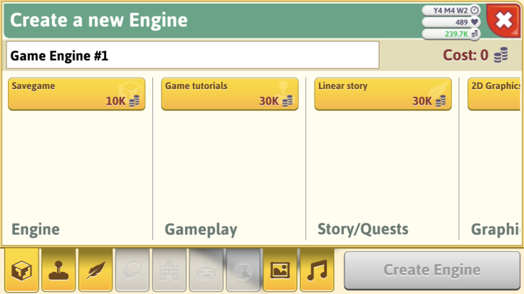 You're first Game Dev Tycoon engine will be most effective if it contains at least one upgrade for each basic development area (ex: gameplay, story, graphics, sound).