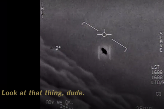 A frame from video of a mysterious craft filmed by Navy fighter pilots.