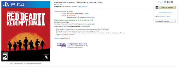 The Red Dead Redemption 2 listing on Amazon Mexico, which is almost certainly false