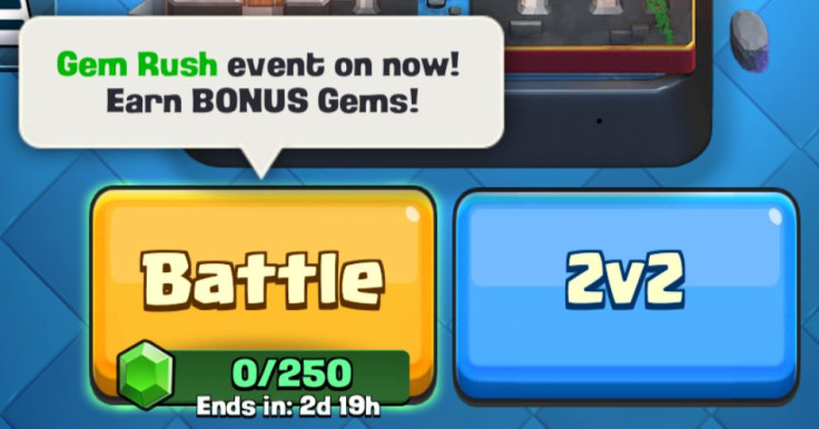 Open up the Clash Royale app this weekend and you'll notice a Gem Rush event icon on the 1v1 mode battle button.
