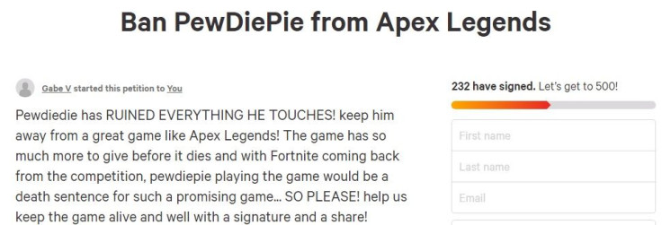 Petition to Ban PewDiePie from Apex