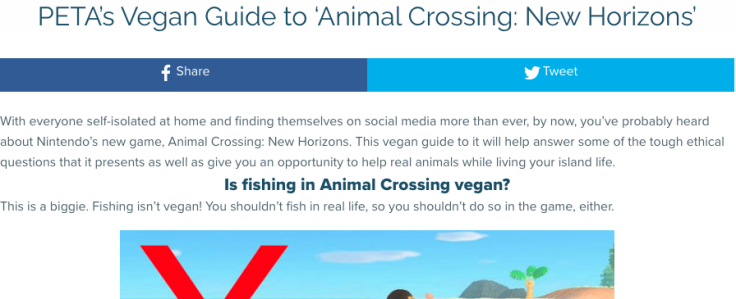 The header for PETA's article PETA’s Vegan Guide to ‘Animal Crossing: New Horizons’