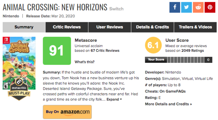 The Metacritic.com score for Animal Crossing: New Horizons as of March 26th, 2020 at 6 PM EST