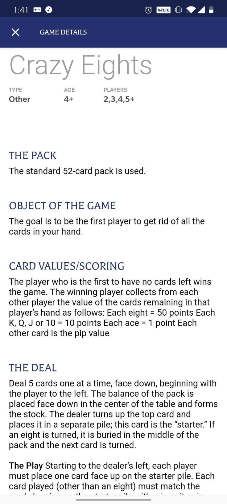A look at the rules page for Crazy Eights on the Bicycle app