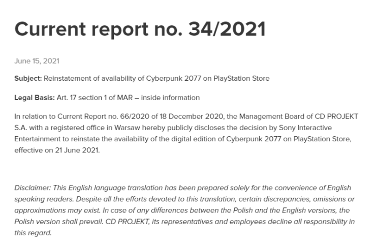 Cyberpunk 2077 Reinstatement