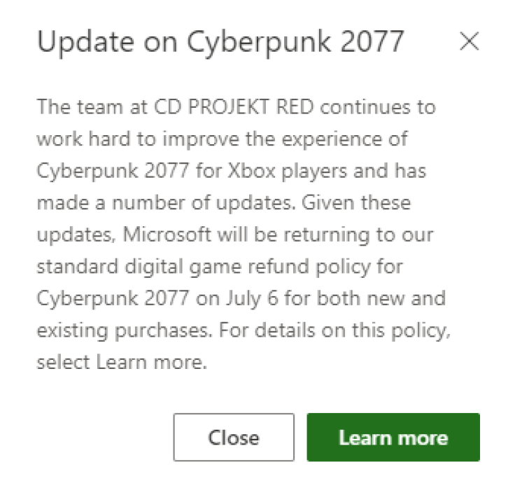 Xbox Refund Policy Cyberpunk 2077