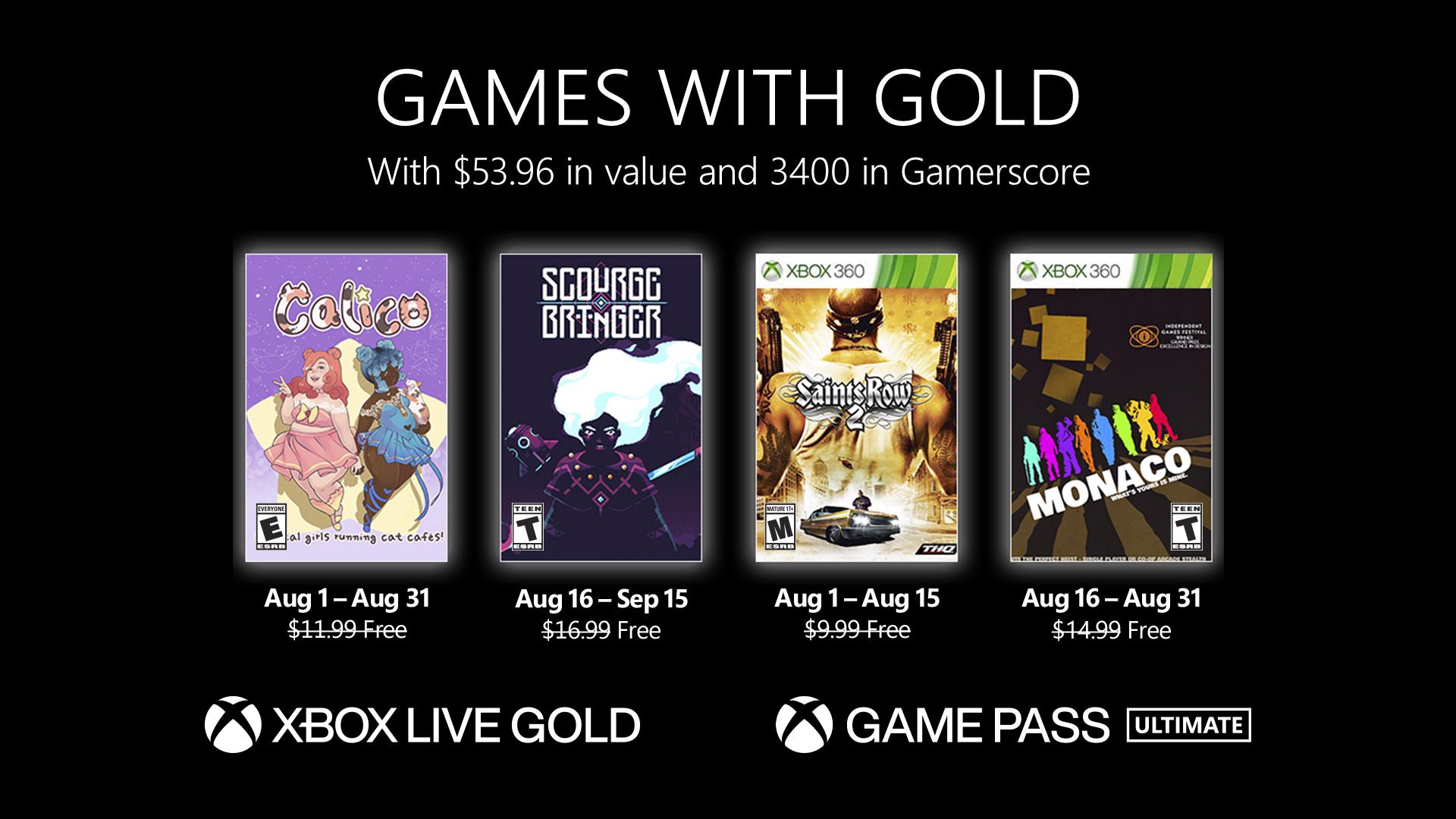 Xbox Live Gold August 2022 Free Games Announced