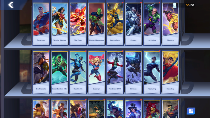 Character roster screen from ‘DC Worlds Collide’ mobile game