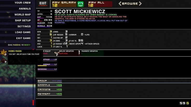 A look at the character management screen in Pixel Piracy, along with the &quot;Hobo Rags&quot; that give your chosen sailor 200 XP every time they poop.