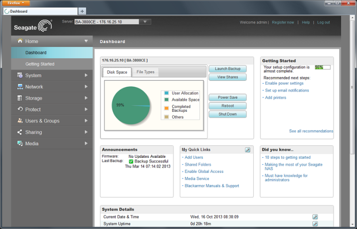 Seagate's Business NAS user interface. 