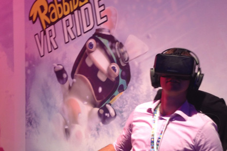 An E3 2015 patron demos Rabbids VR Ride on the Oculus Rift.